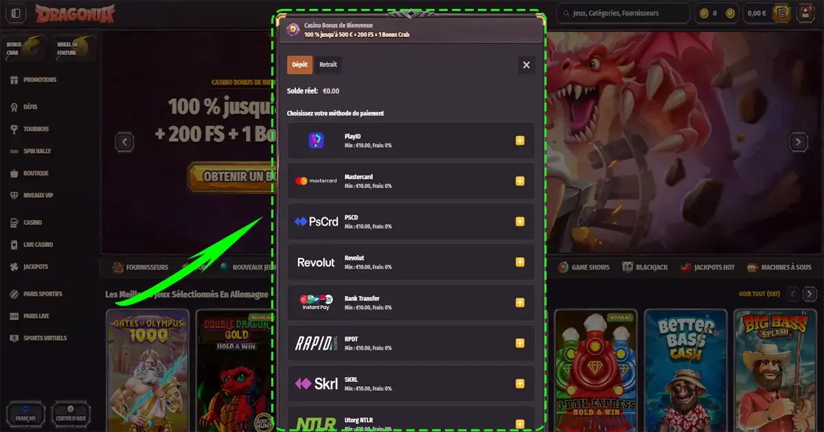 M&eacute;thodes de paiement Dragonia Casino pour d&eacute;p&ocirc;t et retrait avec Mastercard, Skrill, Revolut, virement bancaire et cartes en ligne