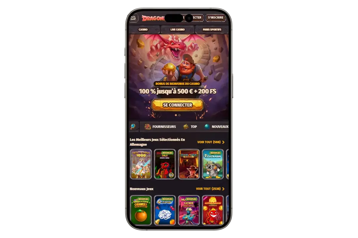 Version mobile Dragonia Casino sur smartphone avec bonus de bienvenue 100 % jusqu&rsquo;&agrave; 500 &euro; et 200 free spins
