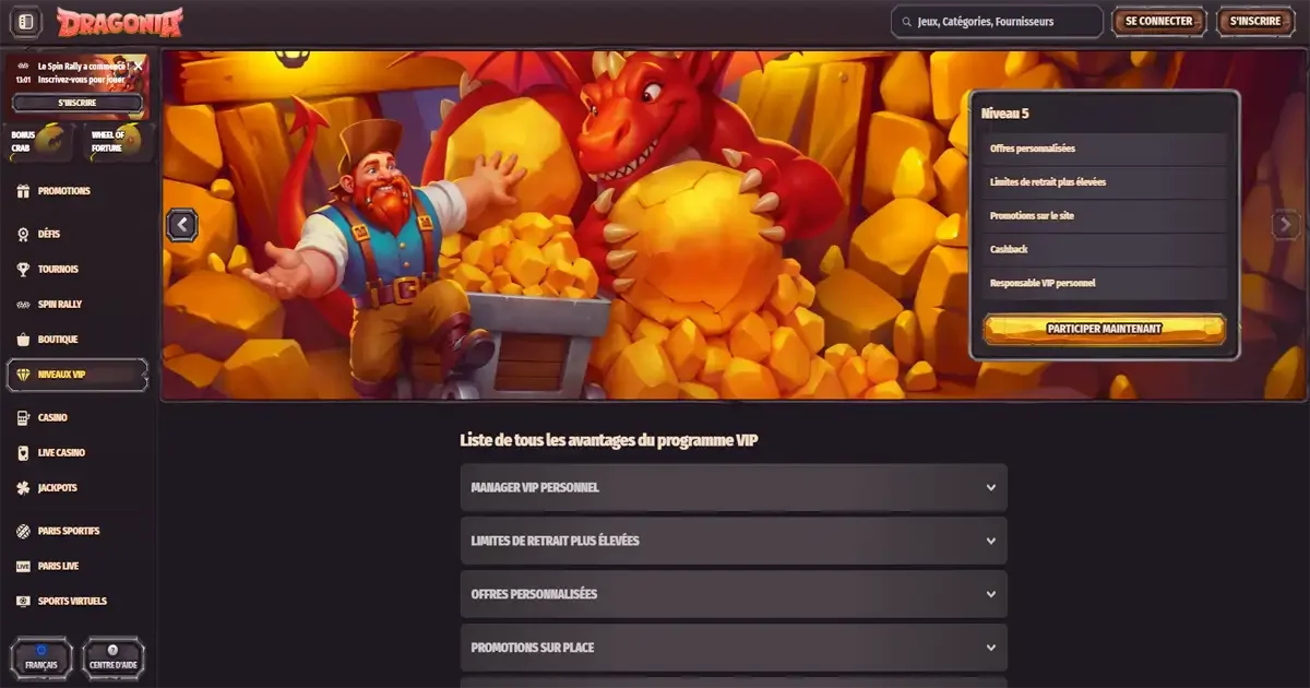 Programme VIP Dragonia Casino avec niveaux VIP, cashback, manager personnel, limites de retrait &eacute;lev&eacute;es et offres personnalis&eacute;es