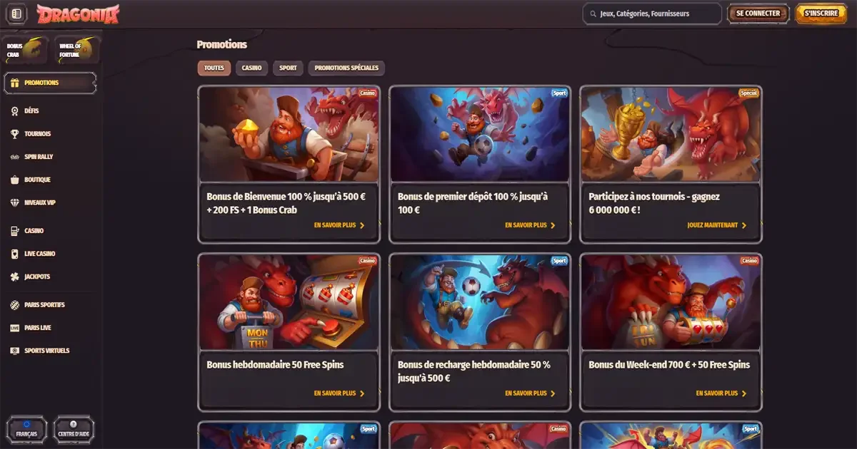 Promotions Dragonia Casino avec bonus de bienvenue 100 %, free spins, bonus de d&eacute;p&ocirc;t, tournois et offres hebdomadaires sport et casino