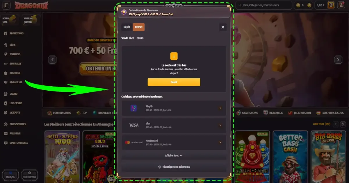 Retrait argent Dragonia Casino avec m&eacute;thodes de paiement Visa, Mastercard et PlayID depuis l&rsquo;espace joueur
