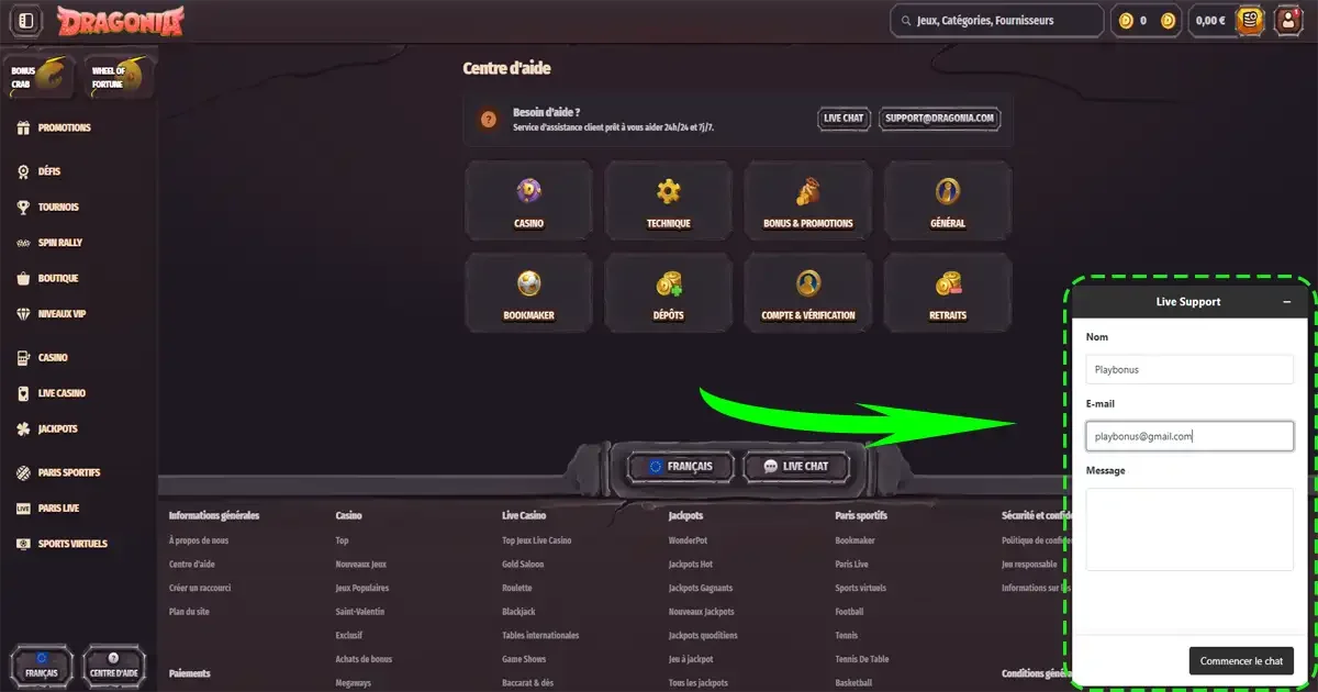 Service client Dragonia Casino avec live chat 24h/24 et centre d&rsquo;aide pour assistance joueurs