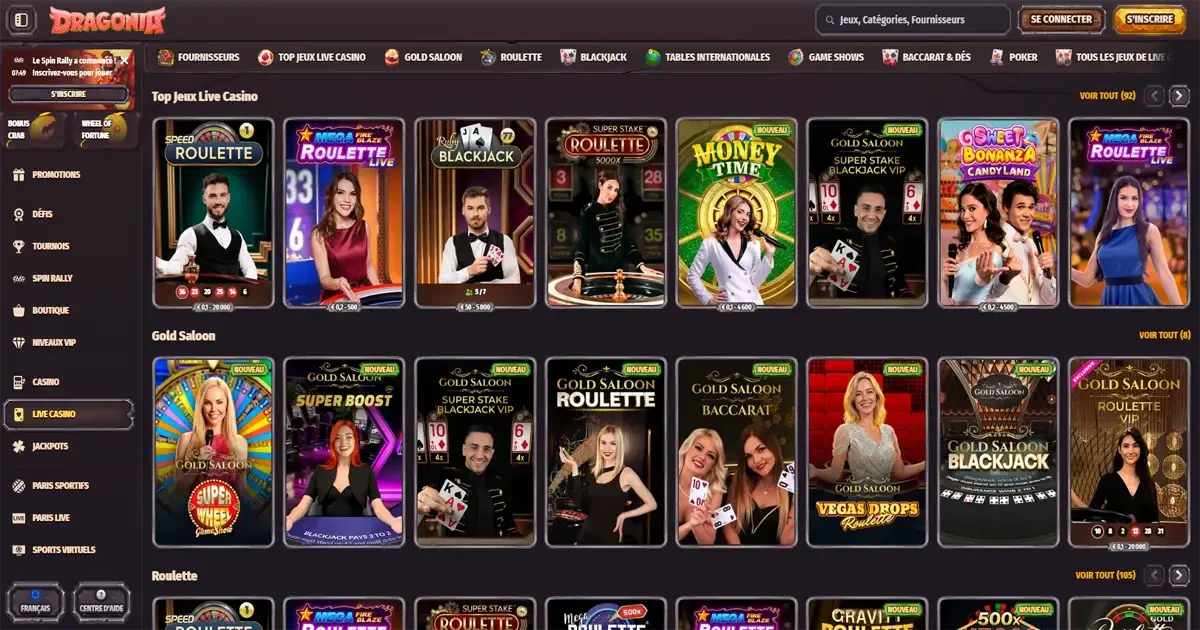 Live Casino Dragonia avec roulette en direct, blackjack live, game shows et tables Gold Saloon avec croupiers en ligne