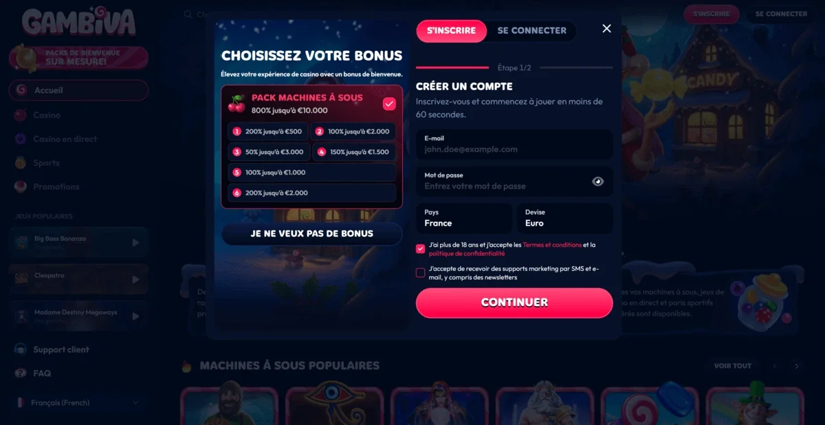 Fenetre de cr&eacute;ation de compte sur le casino en ligne gambiva