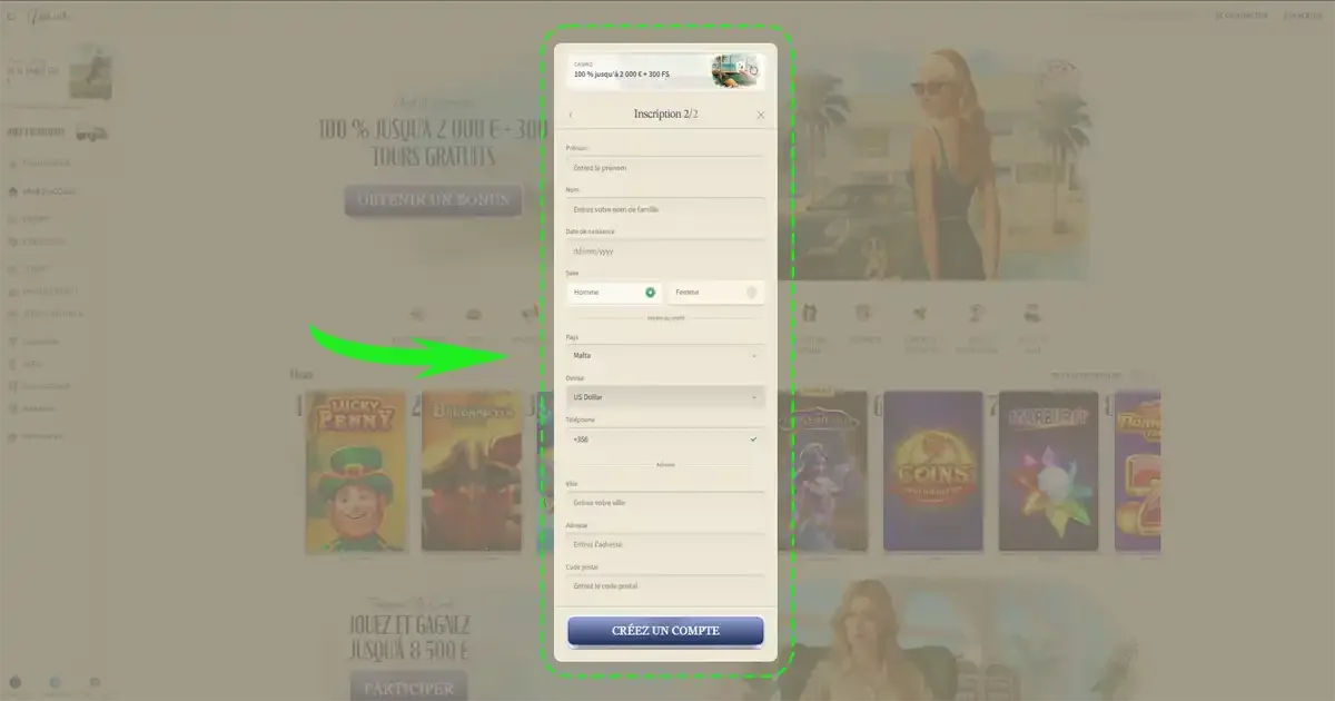 Etape num&eacute;ro 2 de l'inscription sur le casino en ligne vip luck