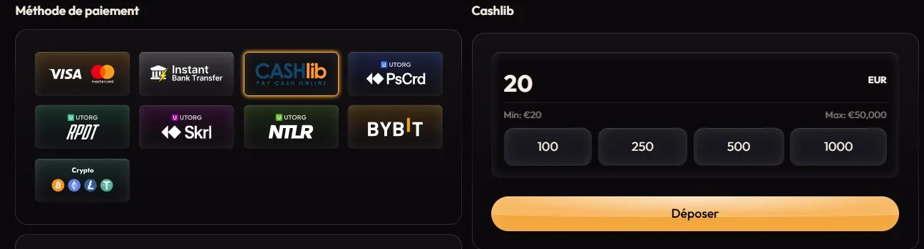 Exemple de d&eacute;p&ocirc;t cashlib sur madcasino &eacute;tape n&deg;1