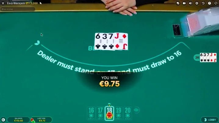 Exemple de partie sur le jeu de evolution gaming Easy Blackjack