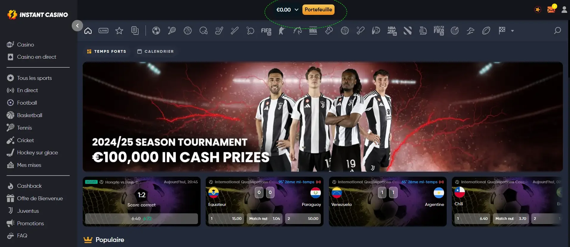 Portefeuille d&eacute;pot instant casino