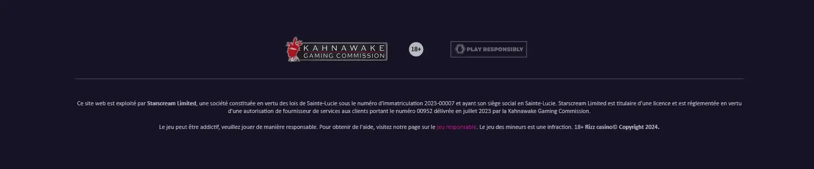 Footer du casino en ligne Rizz Casino