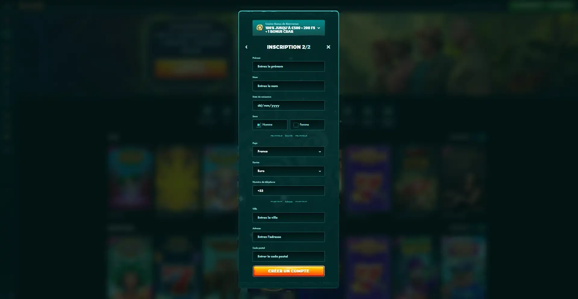 Formulaire d'inscription du casino en ligne Playio