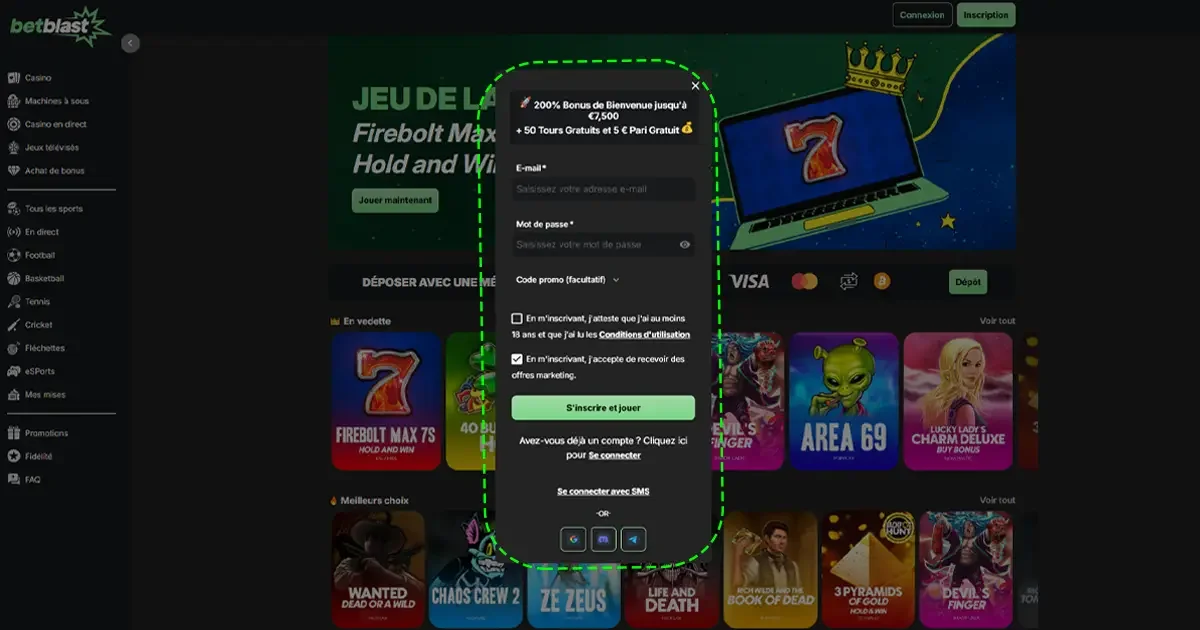 Formulaire d'inscription sur BetBlast avec bonus de bienvenue jusqu&rsquo;&agrave; 7500&euro;, tours gratuits et champ pour code promo