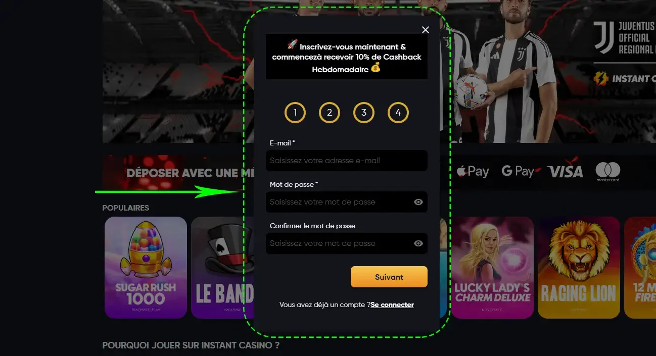 Formulaire d'inscription Instant casino