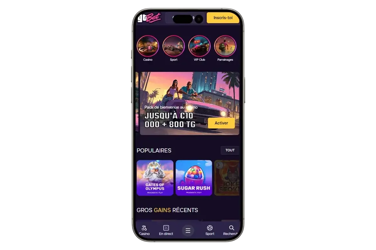 Interface mobile de GTBet montrant la page d&rsquo;accueil avec bonus de bienvenue et jeux populaires