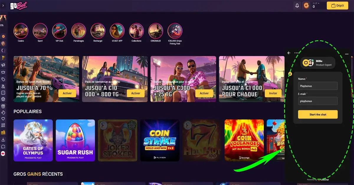 Fen&ecirc;tre de chat en direct du support client GTBet avec un agent disponible