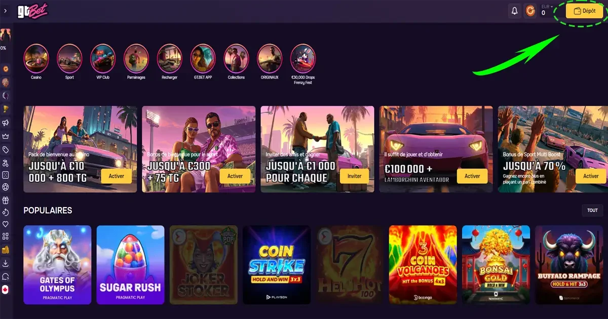 Page d&rsquo;accueil du casino GTBet avec les bonus de bienvenue et le bouton D&eacute;p&ocirc;t