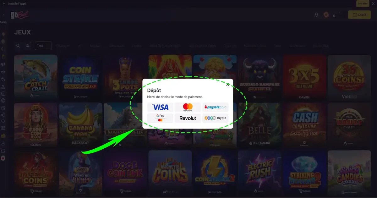 Fen&ecirc;tre de d&eacute;p&ocirc;t sur GTBet avec les moyens de paiement Visa, Mastercard, Paysafecard, Google Pay, Revolut et cryptomonnaies