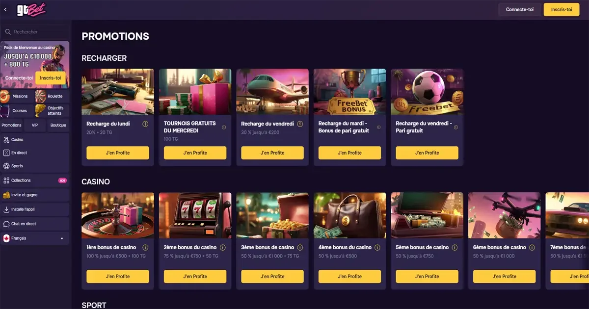 Promotions GTBet : bonus de recharge du lundi et vendredi, tournois gratuits du mercredi, freebets sport et bonus casino