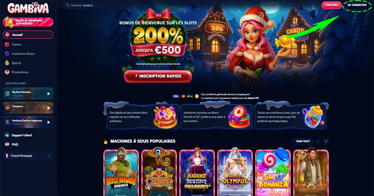 Page d&rsquo;accueil Gambiva Casino avec bouton se connecter pour acc&eacute;der au compte joueur