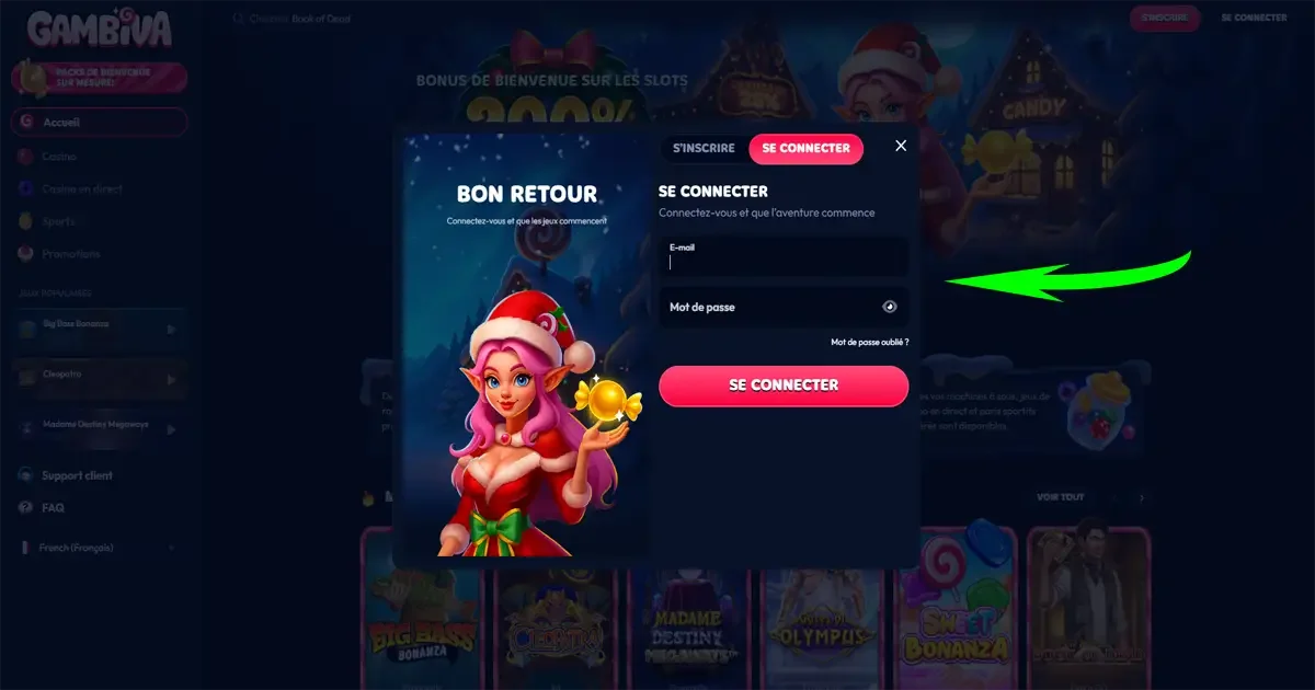 Page de connexion du casino en ligne gambiva