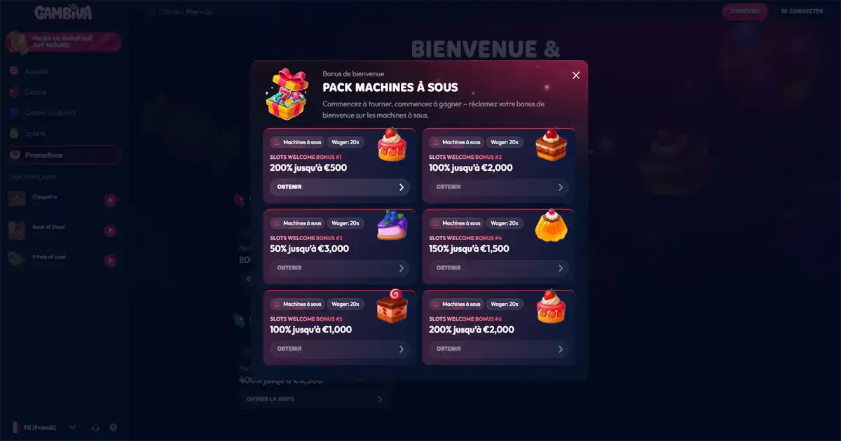 Page des bonus de bienvenue du casino en ligne Gambiva Casino