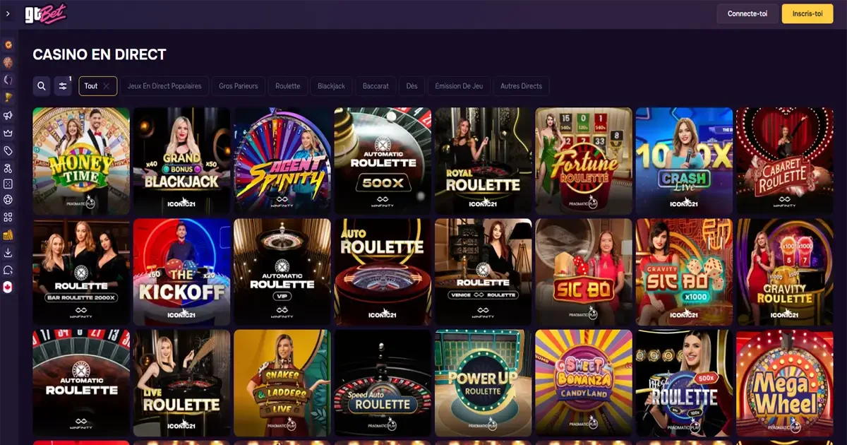 Page du casino en direct de GTBet avec des jeux live comme roulette, blackjack, &eacute;misisons de jeu et Sic Bo