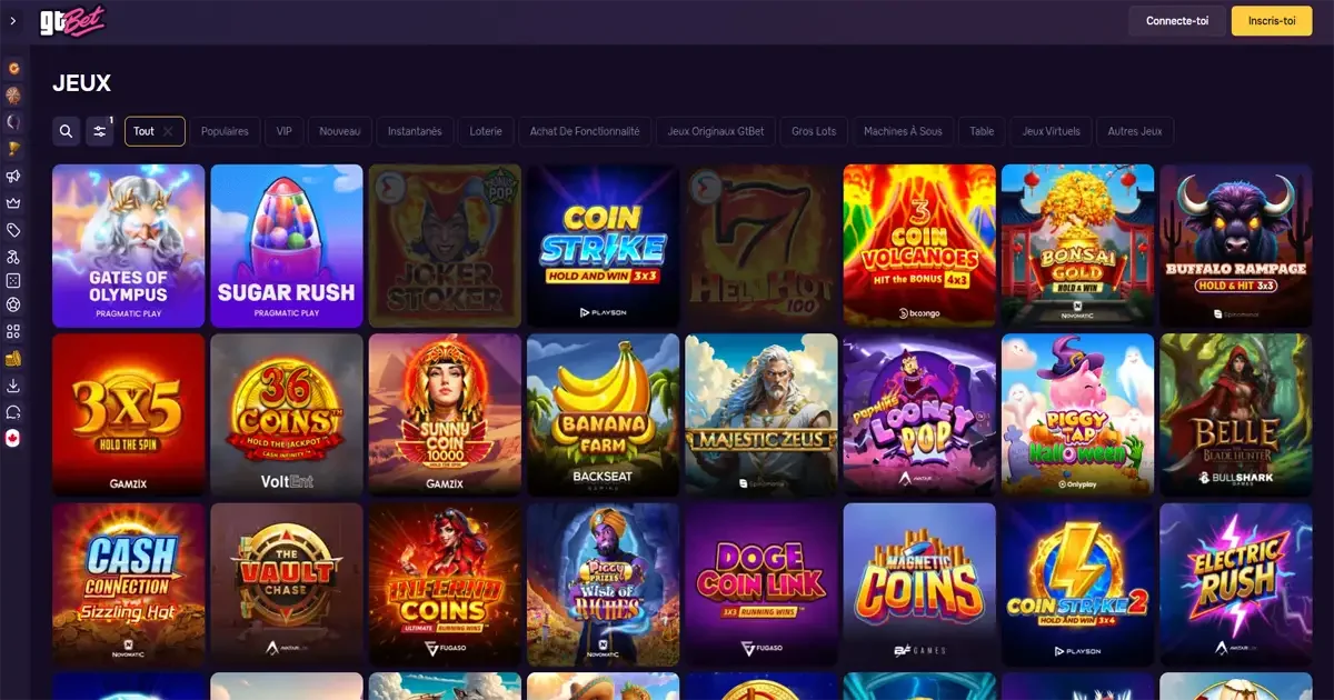 Page des jeux du casino GTBet avec les machines &agrave; sous populaires comme Gates of Olympus, Sugar Rush et Majestic Zeus