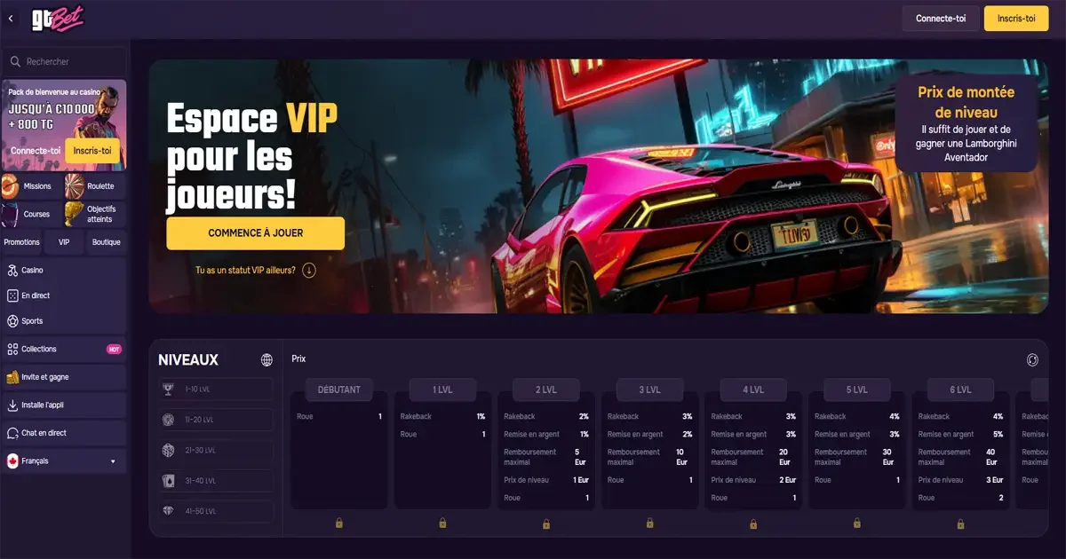 Programme VIP du casino GTBet avec Lamborghini en r&eacute;compense et niveaux de fid&eacute;lit&eacute;
