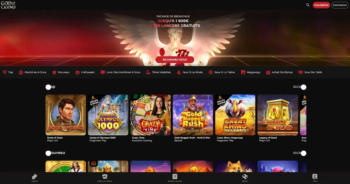 Page d&rsquo;accueil god of casino avec banni&egrave;re bonus jusqu&rsquo;&agrave; 1 000 &euro; et 300 tours gratuits