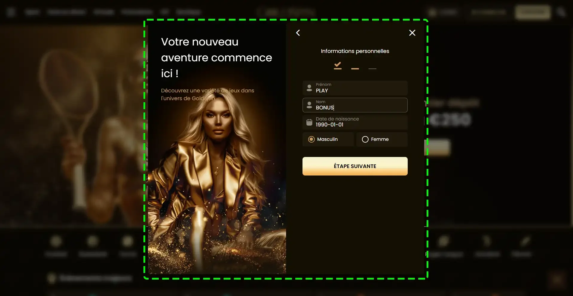 Page d'inscription &eacute;tape num&eacute;ro 3 goldspin casino