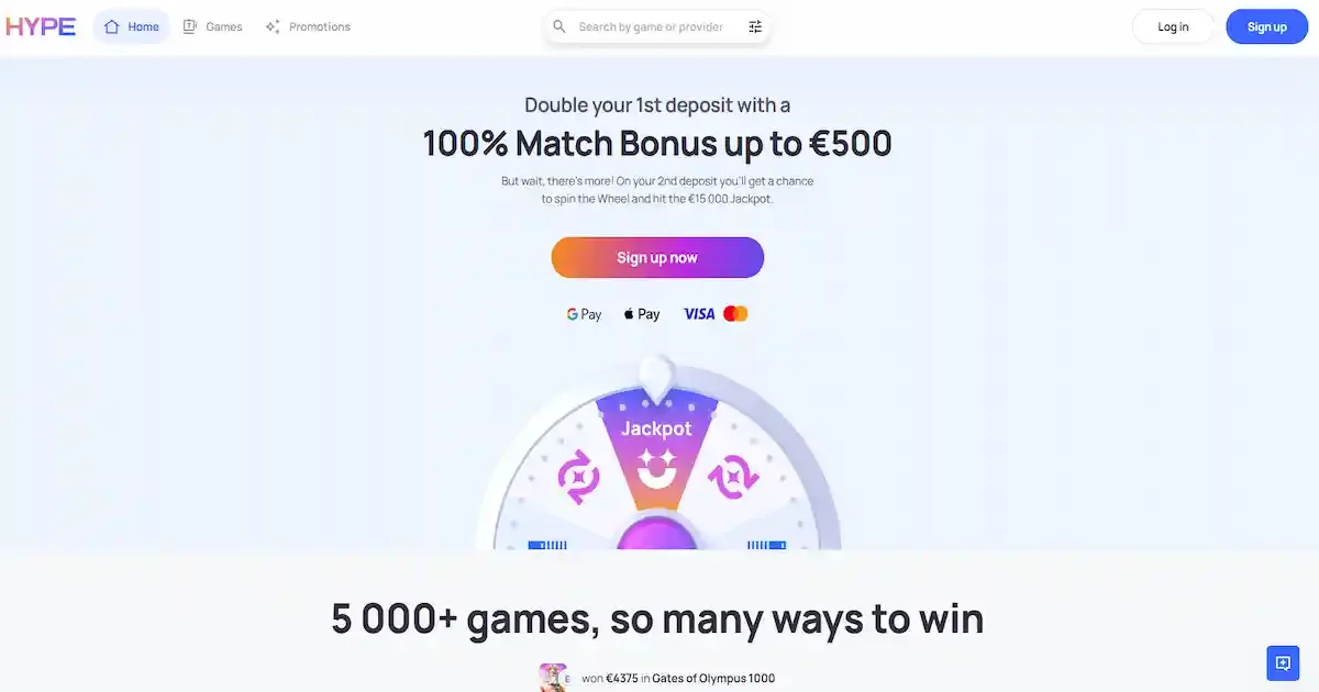 Page d'accueil du casino en ligne HypeKasino