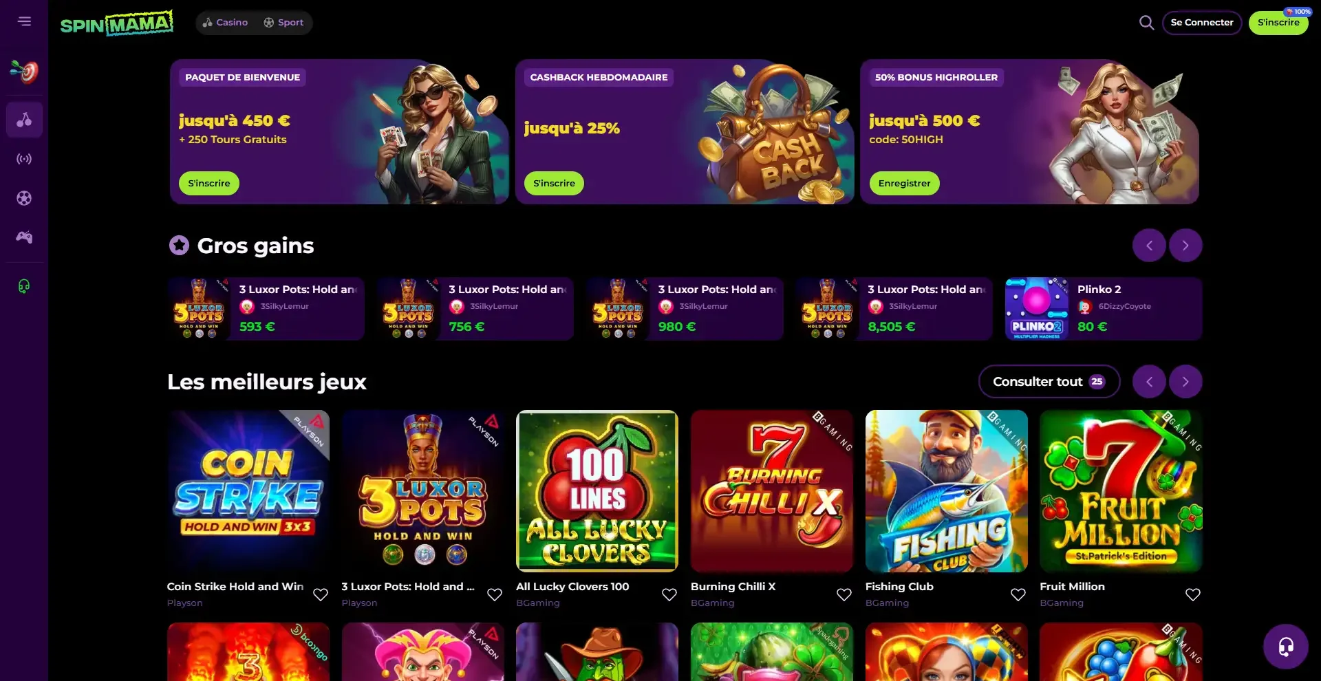Accueil de SpinMama Casino avec bonus de bienvenue jusqu&rsquo;&agrave; 450 &euro;, 250 tours gratuits, cashback hebdomadaire et s&eacute;lection de machines &agrave; sous