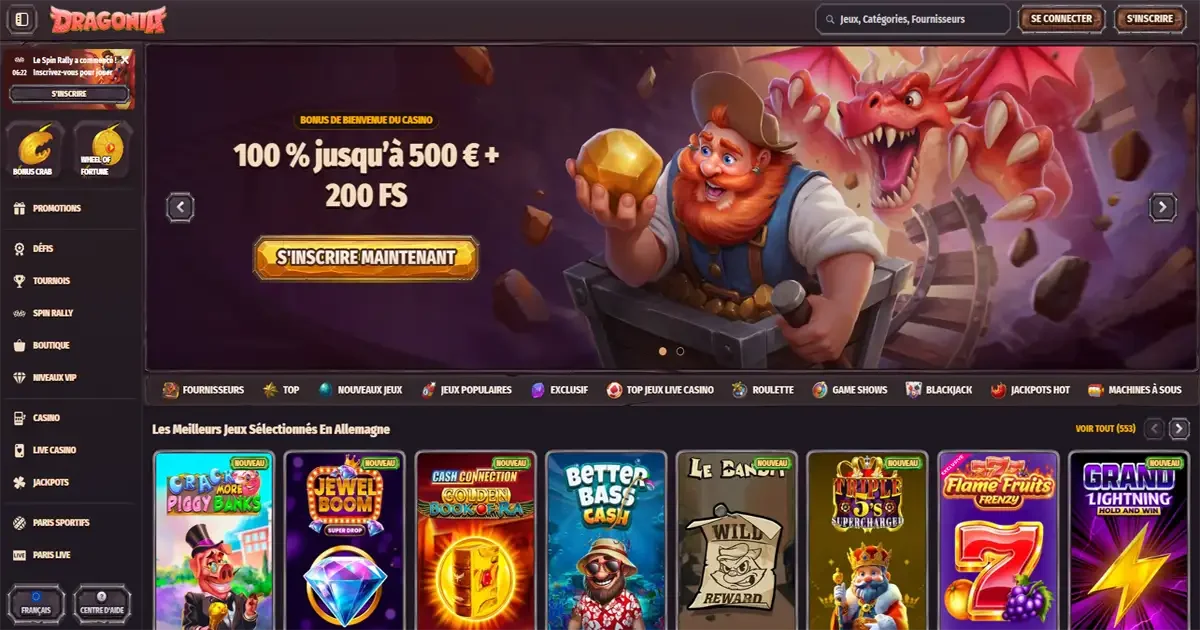 Page d'accueil et bonus de bienvenue Dragonia Casino 100 % jusqu&rsquo;&agrave; 500 &euro; + 200 free spins sur les machines &agrave; sous avec univers fantasy et dragon rouge