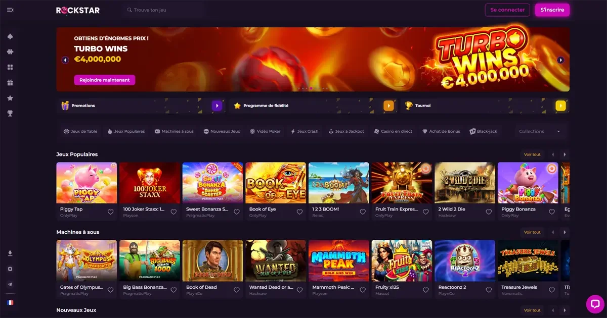 Page d'accueil du casino en ligne Rockstar Casino avec les machines &agrave; sous et un bonus turbo