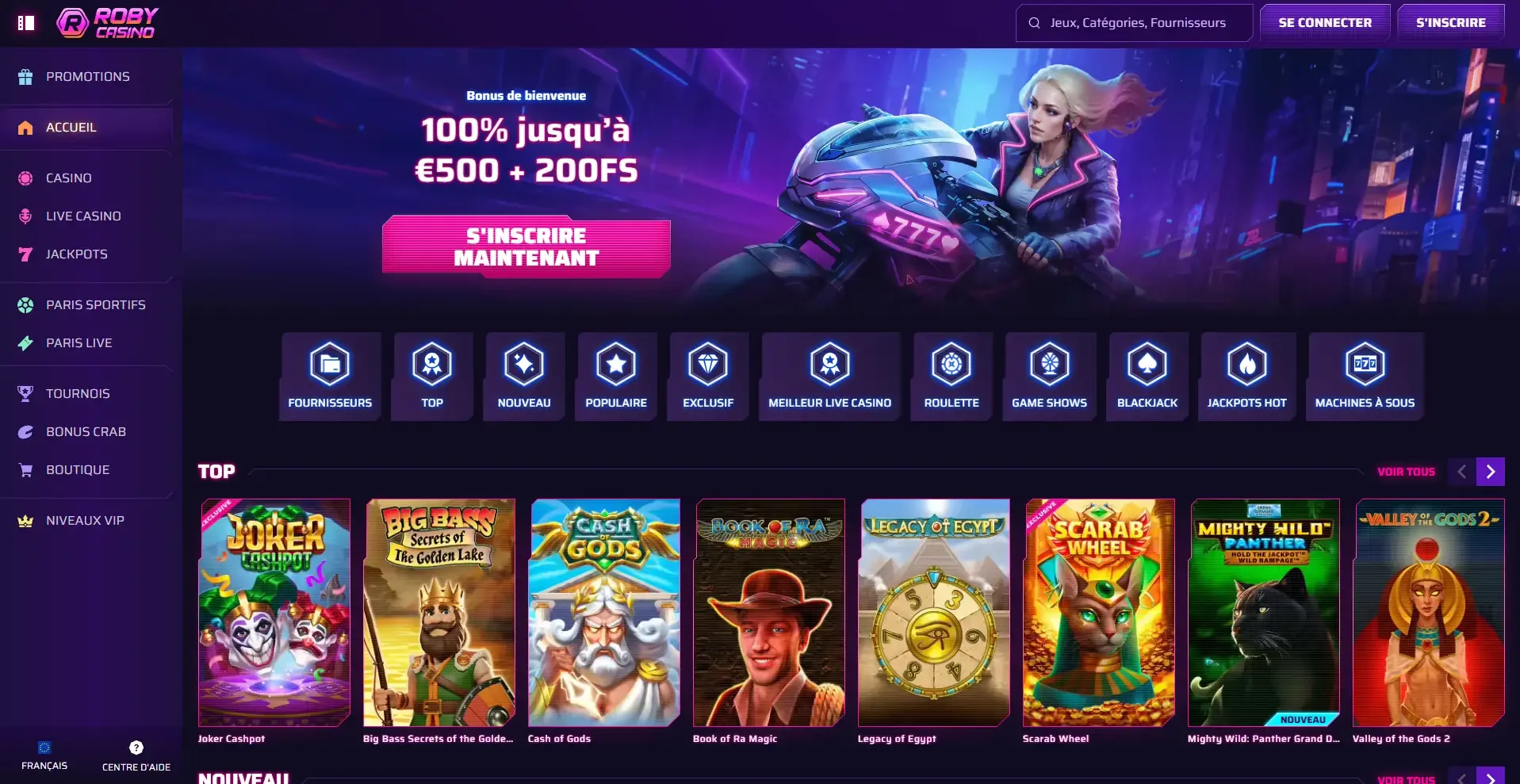 Page d'accueil du casino en ligne RobyCasino