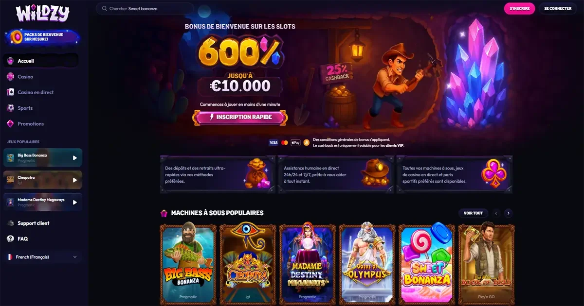 page d'accueil du casino en ligne Wildz Casino avec son Bonus de bienvenue Wildzy Casino : 600 % jusqu&rsquo;&agrave; 10 000 &euro; sur les machines &agrave; sous