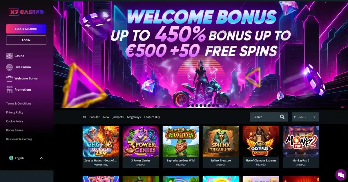 Page d'accueil du casino en ligne X7 Casino