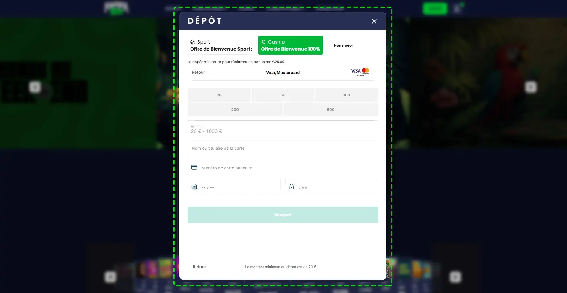 Fen&ecirc;tre pour d&eacute;poser sur le casino en ligne Pampago