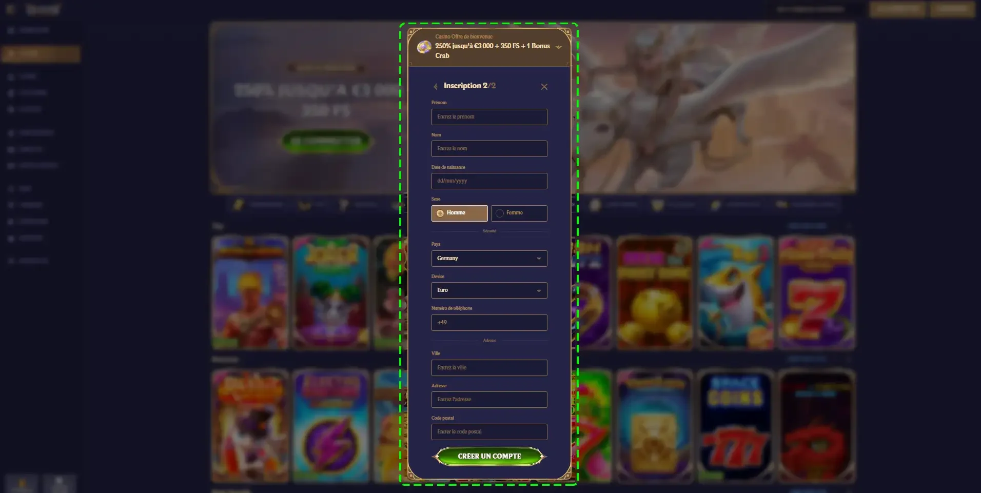 Infos personnelles &eacute;tape inscription divaspin casino