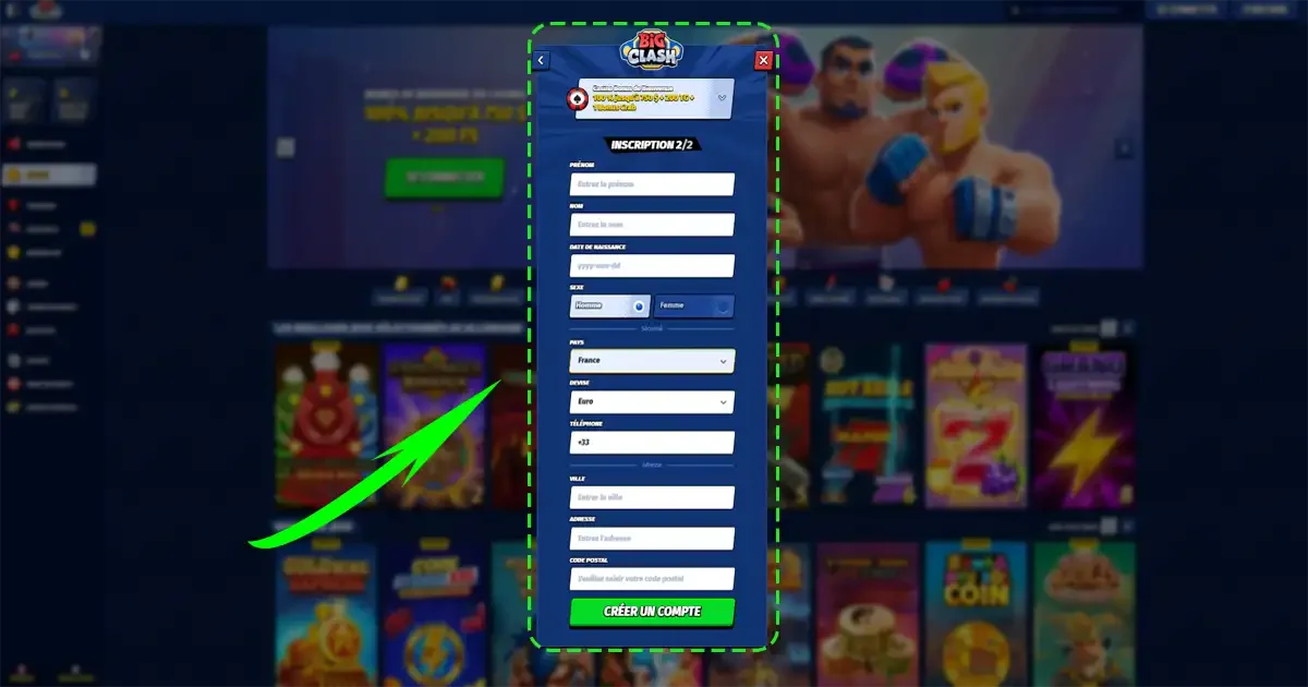 Formulaire d&rsquo;inscription Big Clash pour cr&eacute;er un compte joueur et activer le bonus de bienvenue