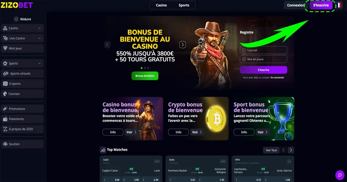 Inscription Zizobet casino en ligne &ndash; bouton S&rsquo;inscrire avec bonus de bienvenue 550% et 50 tours gratuits