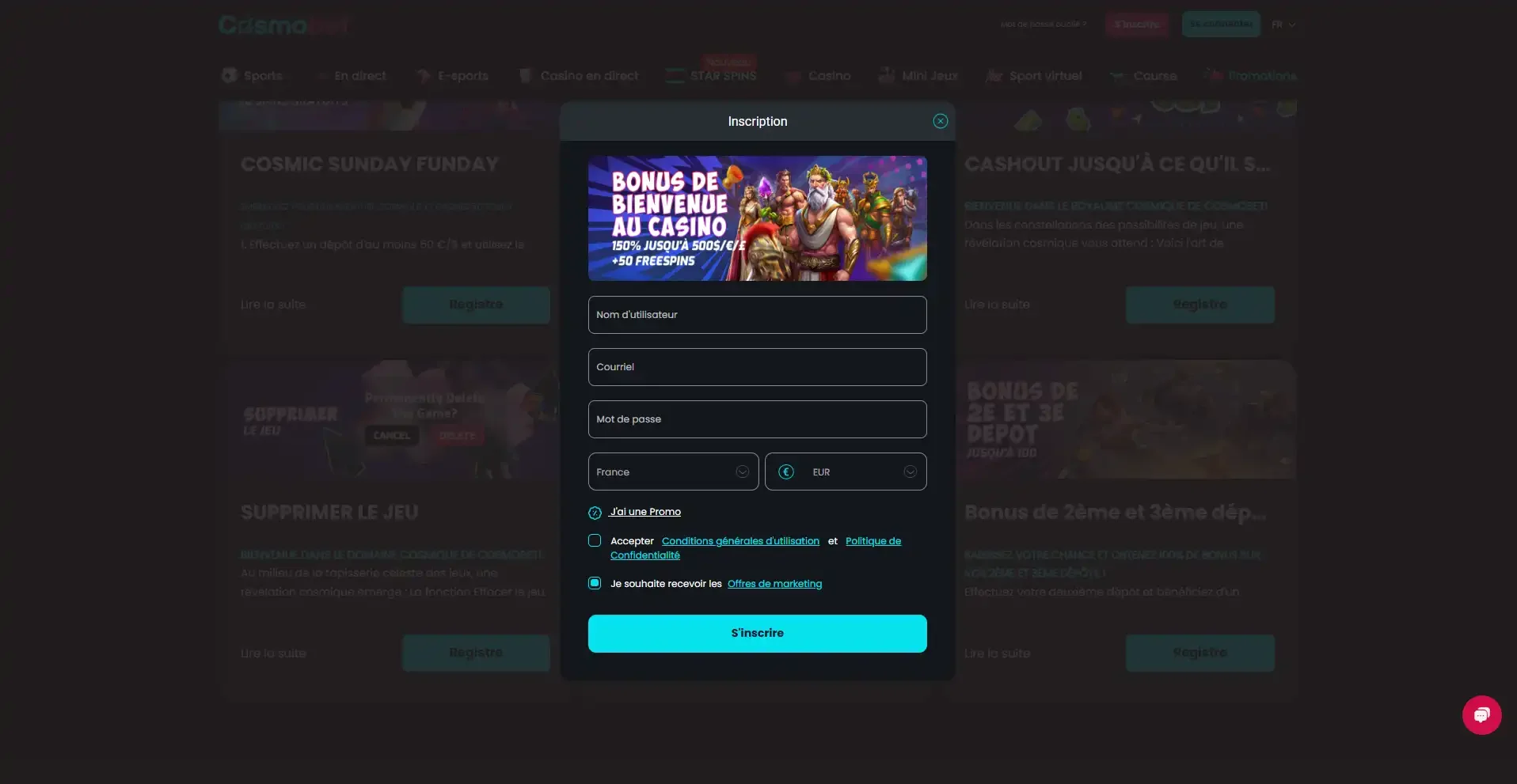 Seconde etape de l'inscription sur cosmobet casino