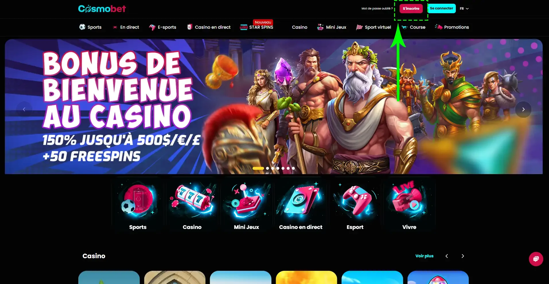 Bouton s'inscrire sur le casino en ligne cosmobet