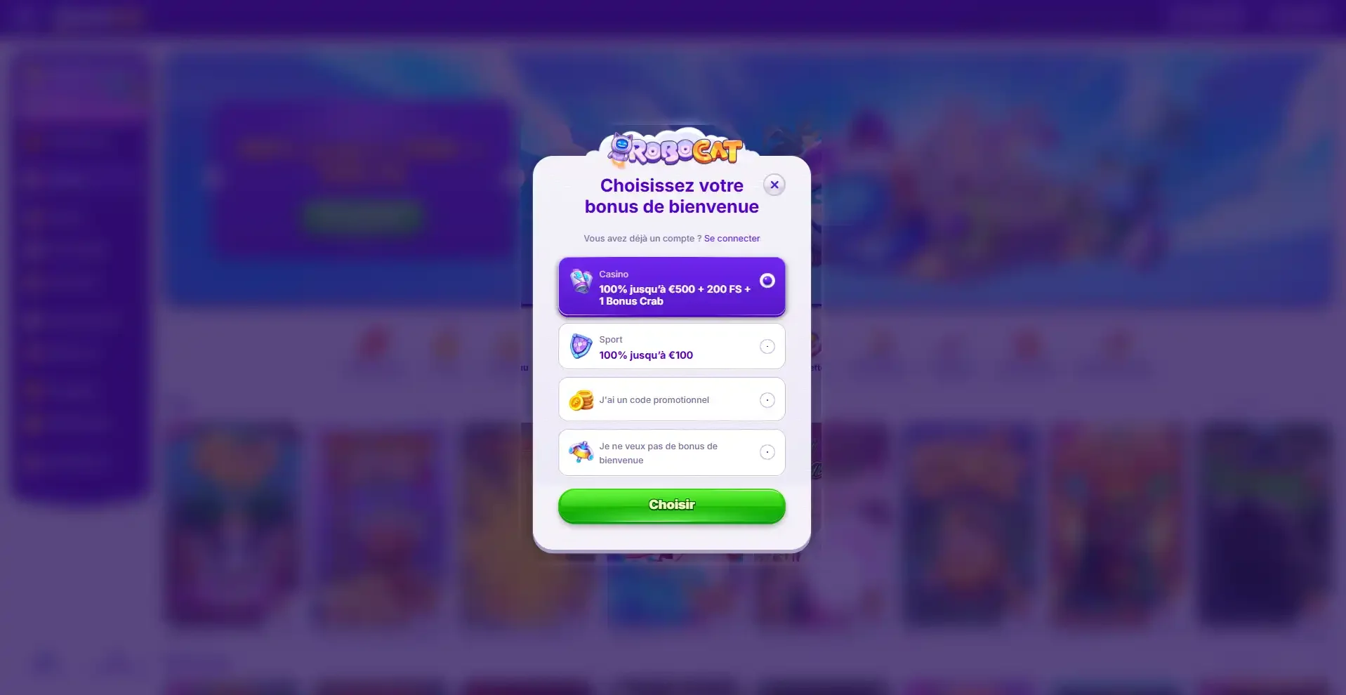 Choix du bonus casino robocat