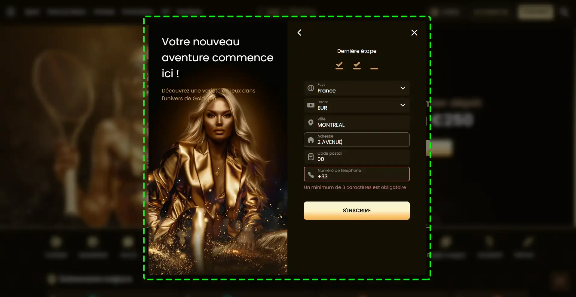 Derni&egrave;re &eacute;tape d'inscription goldspin casino