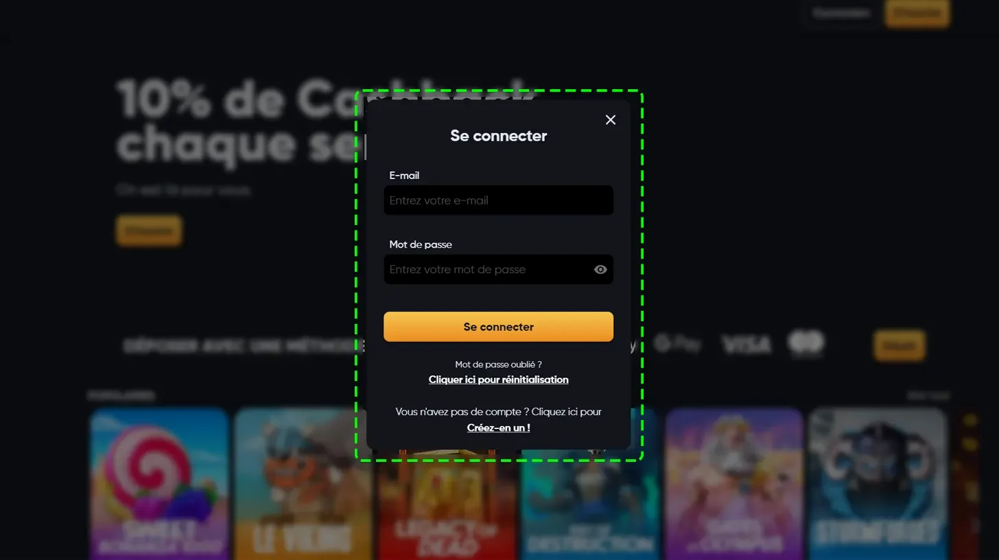 Fen&ecirc;tre se connecter Instant Casino