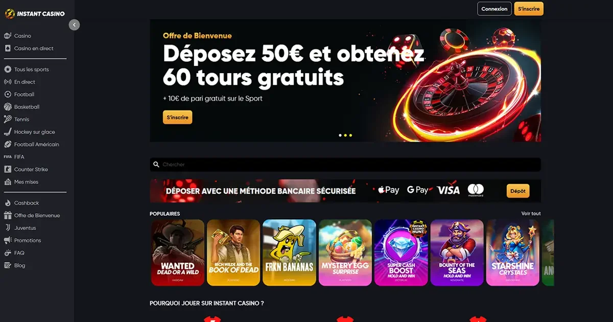 Page d&rsquo;accueil d&rsquo;Instant Casino avec bonus de bienvenue de 50&euro; pour 60 tours gratuits et une roulette en surbrillance