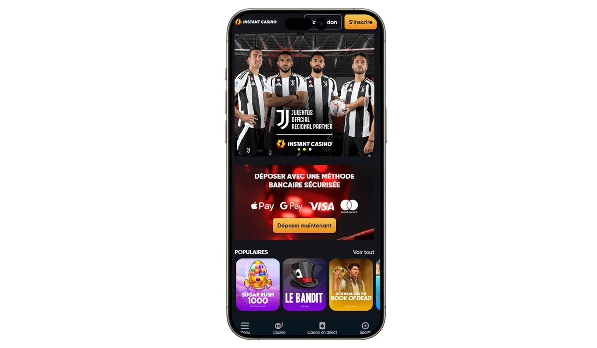 Interface mobile d&rsquo;Instant Casino avec partenariat Juventus, m&eacute;thodes de d&eacute;p&ocirc;t s&eacute;curis&eacute;es Apple Pay, Google Pay, Visa et jeux populaires