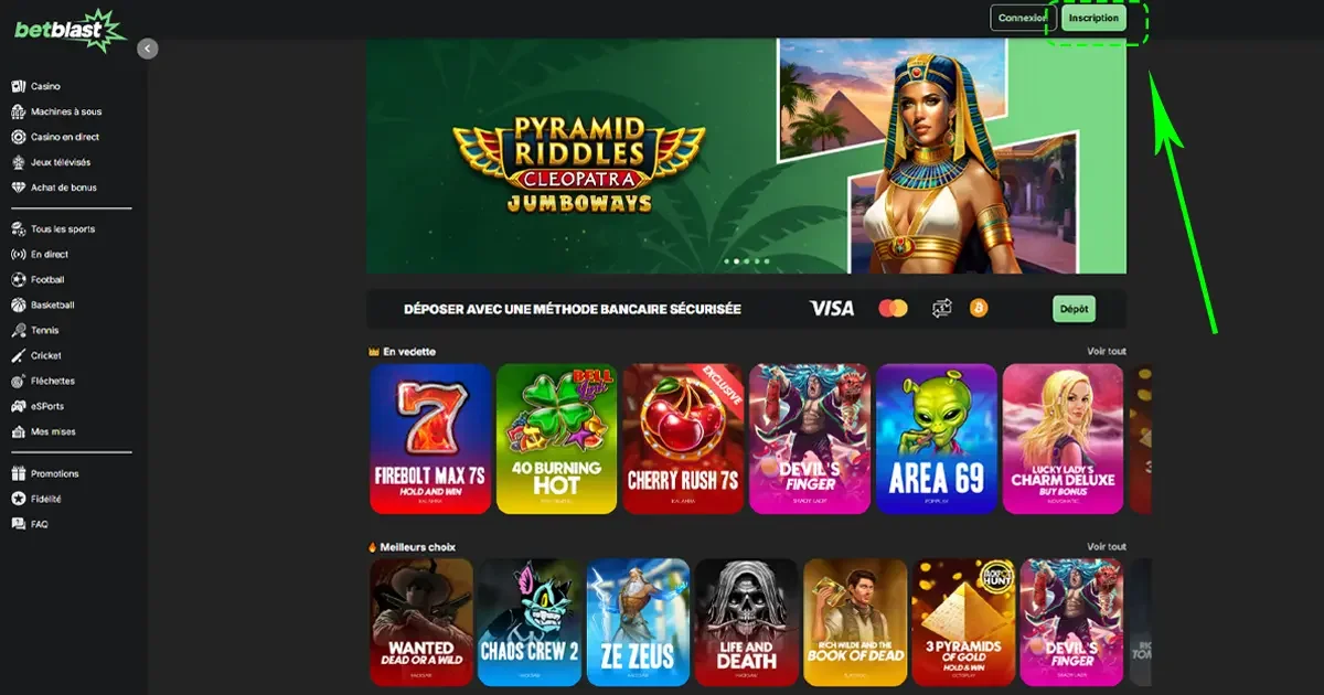 Page d&rsquo;accueil du casino en ligne BetBlast avec mise en &eacute;vidence du bouton Inscription pour cr&eacute;er un compte joueur