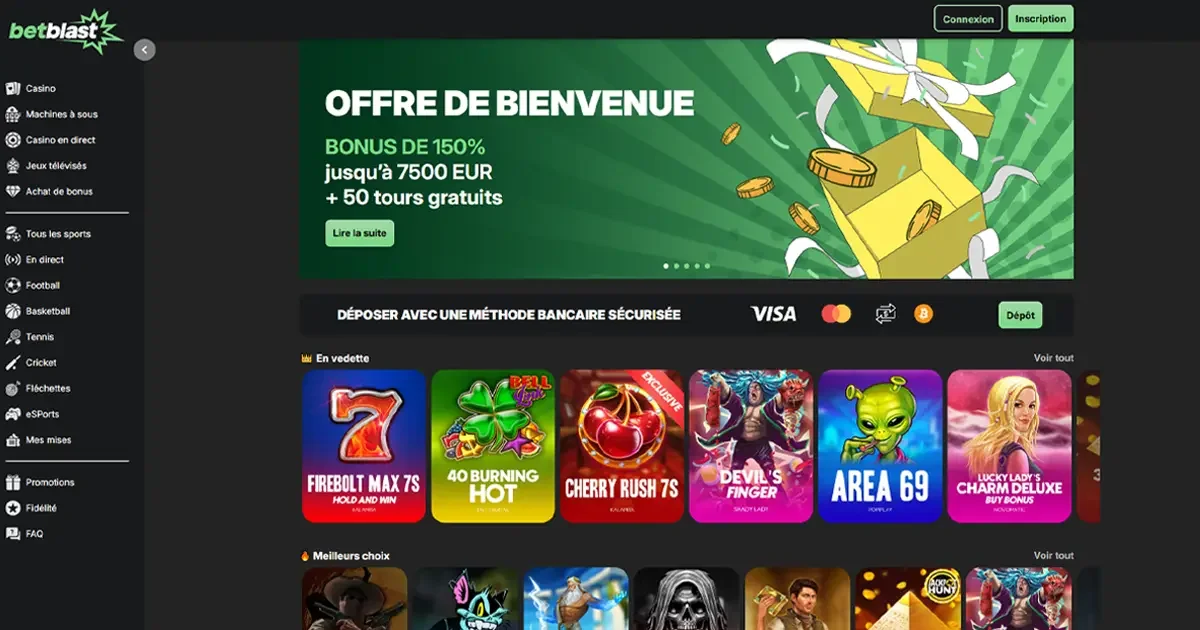 Page d&rsquo;accueil du casino en ligne BetBlast avec bonus de 150% jusqu&rsquo;&agrave; 7500&euro;, machines &agrave; sous en vedette et d&eacute;p&ocirc;t par carte ou crypto