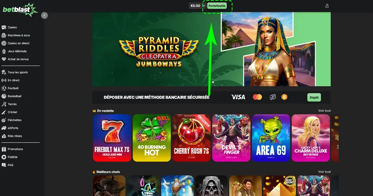 Interface du casino en ligne BetBlast avec portefeuille utilisateur affichant le solde, bouton de d&eacute;p&ocirc;t et jeux en vedette comme Cleopatra Jumboways et Firebolt Max 7s
